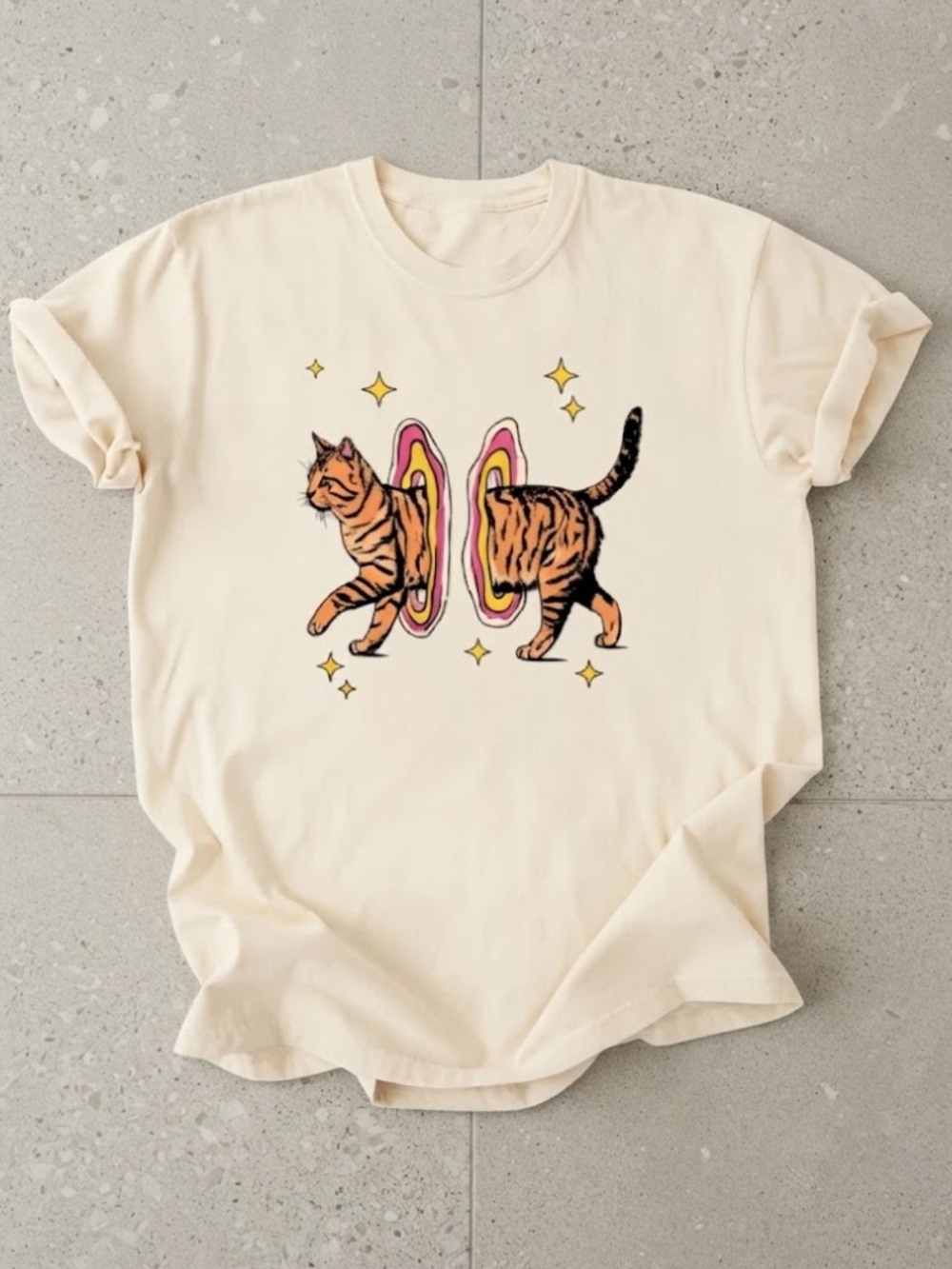 Funny Portal Space Cat Magic Universe Beige Gildan T-Shirt